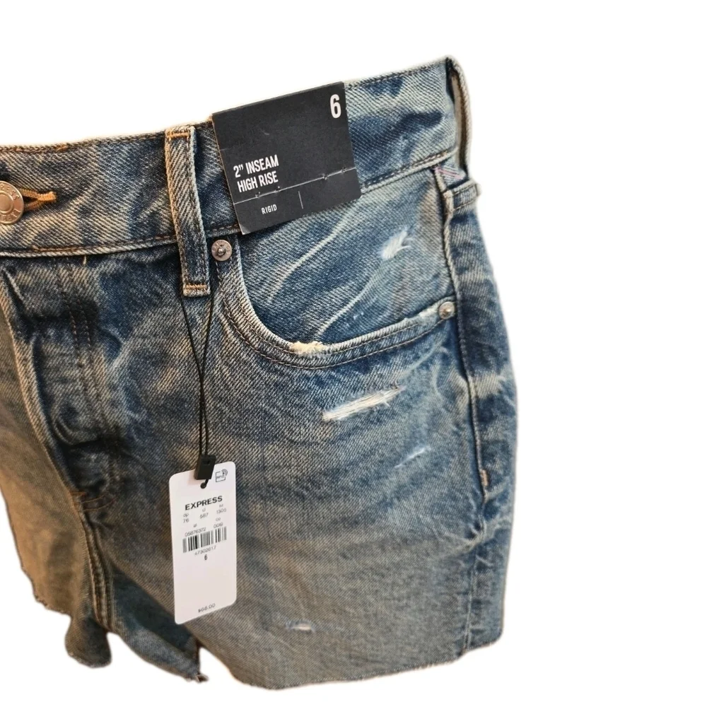 214 Express Blue Distressed 'Rigid' 2" Inseam High Rise Jean Shorts - Picture 2 of 5